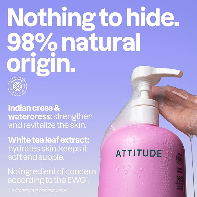 ATTITUDE Soothing Shower Gel, Dermatologically Tested, Plant and Mineral-Based, Vegan Personal Care Products, White Tea Leaves, 32 Fl Oz