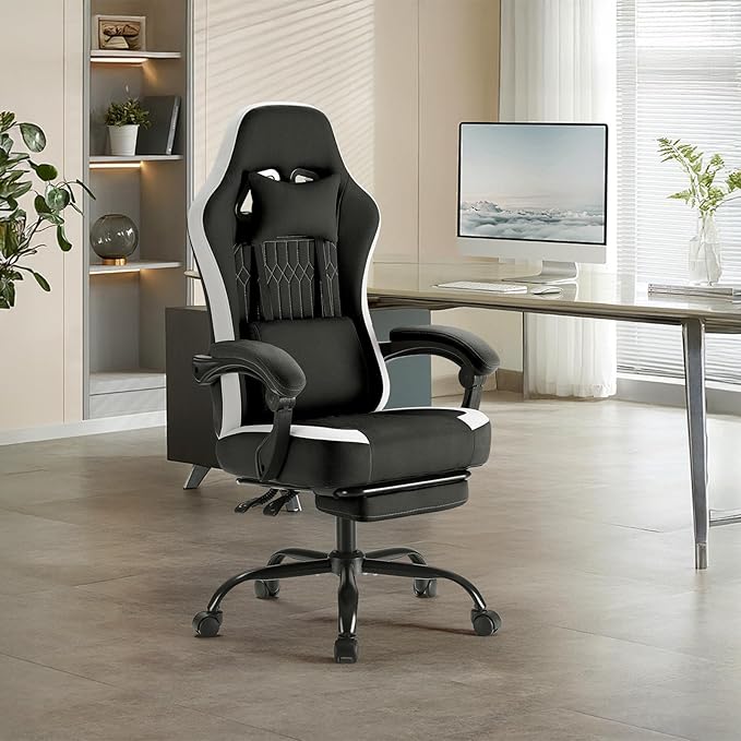 NEWBULIG Gaming Desk Chair - High Back Computer Office Chair with Footrest and Headrest, Comfy Ergonomic Lumbar Support with Linkage Armrests, Height Adjustable and 360° Swivel Wheels, Black