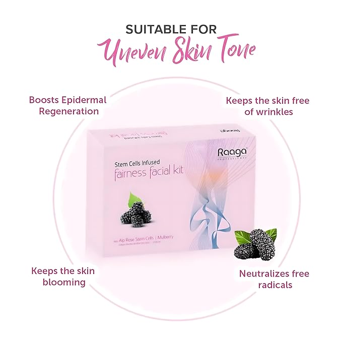 Raaga Professional Mulberry Single Use Facial Kit | for Skin Radiance | 6-Step Skincare Set At Home | Includes Cleanser, Scrub, Toner, Serum, Massage Cream & Face Mask | 61g/2.15 Oz