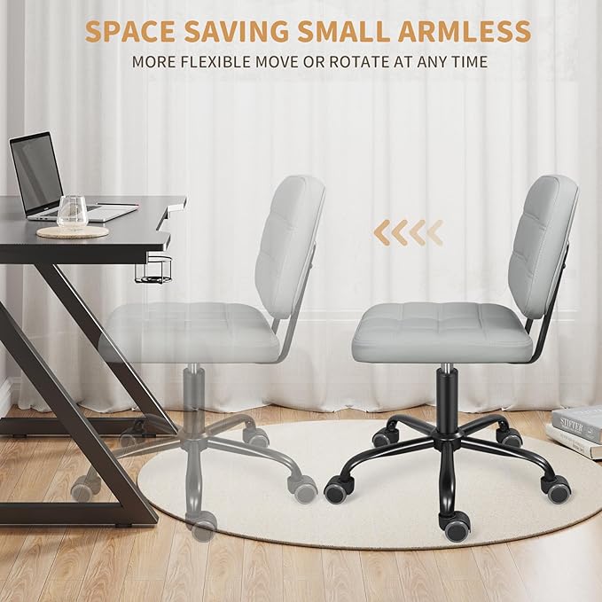 Armless Home Office Desk Chair with Wheels, Modern Ergonomic Drafting Rolling Chair with 360° Swivel Wheels,Height Adjustable Computer Task Chairs for Small Space, Light Grey