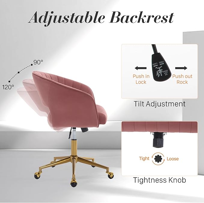 Home Office Swivel Desk Chair, Modern Velvet Vanity Chair, Height Adjustable Armchair with Gold Base, Ergonomic Office Chair for Task Study Computer Room, Rose