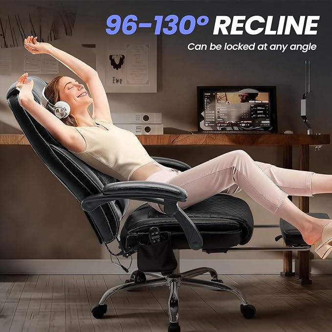 Massage Office Chair with 3-Level Heat and Footrest – 20-Min Easy Assembly, 300 lbs Big and Tall Desk Chair, PU Leather Ergonomic Executive Computer Chair with Side Pocket, Black,Set of 2