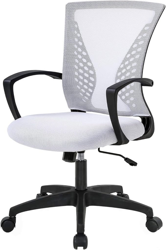 Home Office Chair Mid Back PC Swivel Lumbar Support Adjustable Desk Task Computer Ergonomic Comfortable Mesh Chair with Armrest (White)