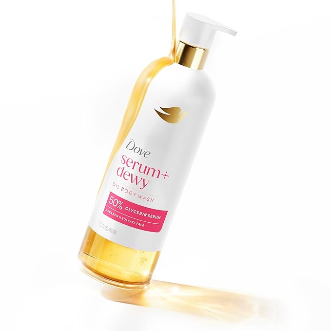 Dove Serum+ Shower Oil Body Wash with Coconut & Geranium Oil, Dewy Hydrating Cleanser for Soft Skin, 15.3 fl oz