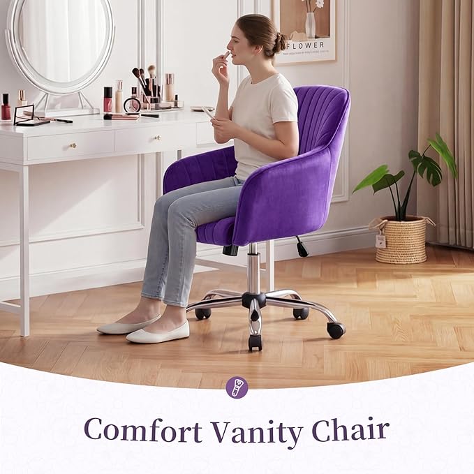 Warmiehomy Desk Chair, Velvet Office Chair for Home Office, Comfy Vanity Chair, Girl Cute Makeup Chair with Arm Rest for Bedroom Dressing Room, Purple