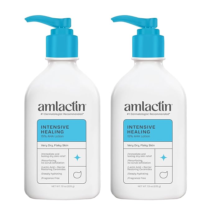 AmLactin Intensive Healing Body Lotion - Therapeutic Lotion for Extremely Dry Skin - No-Scrub Exfoliator with 15% Lactic Acid AHA and Ceramides, 7.9 oz (Pack of 2) (Packaging May Vary)