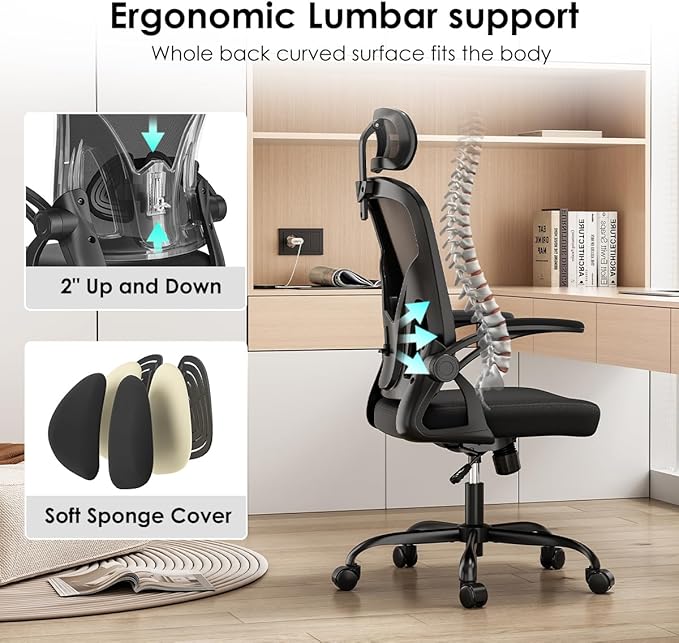 Farini Ergonomic Office Chair, Home Office Desk Chair with Headrest, High Back Swivel Computer Chair with Armrests and Adjustable Lumbar Support for Home Office Study Room, Black & Dark Black