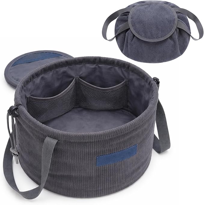 makeup bag lay flat Lay Flat Barrel Drawstring Corduroy Makeup Bag for Women Portable Open-flat Large Capacity Travel Cosmetic Organizer, Skincare & Brush Storage(Dark Gray)