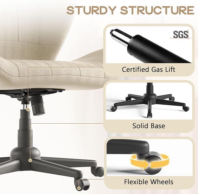Criss Cross Chair with Wheels, Wide Cross Legged Office Chair Armless Comfy Desk Chair with Tall Back Vanity Chairs with Stress Relief Curved Design Seat for Bedroom & Office & Home Oatmeal