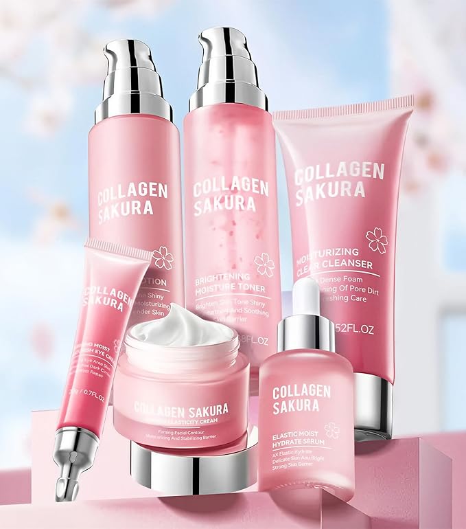 Cherry Blossom Skincare Gift Set with Cleanser, Collagen Sakura Moisturizing Revitalizing Six Piece Set, Toner, Lotion, Serum, Cream & Eye Cream for Teens Girls & Women