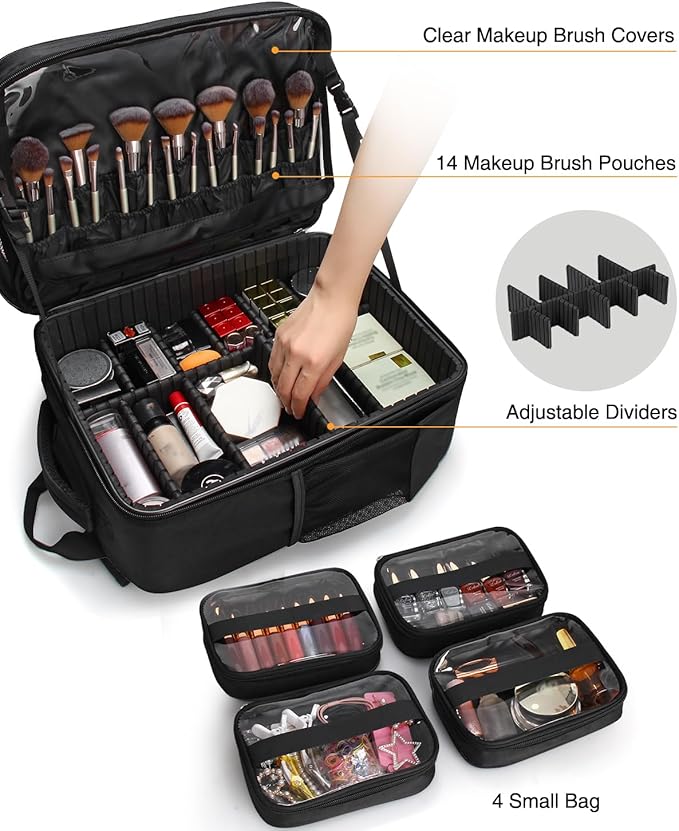 TANTO Makeup Backpack Professional Cosmetic Artist Bag Extra Large Travel Train Case Storage Organizer Double-Layer Cosmetic Case with 8 Pouch &Adjustable Divider (Black)
