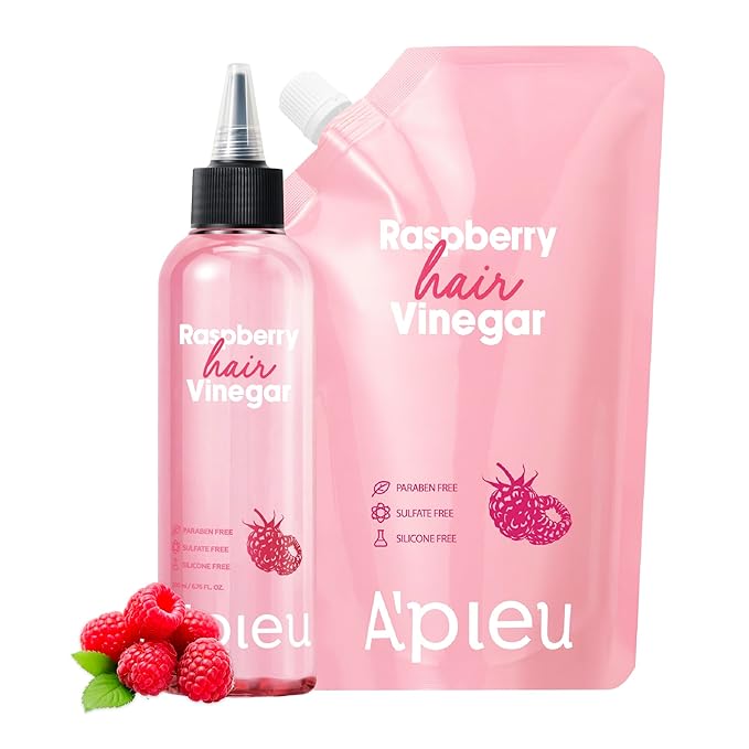A’PIEU Raspberry Hair Vinegar Rinse & Refill Set for Scalp Detox & Clean, Smooth & Shiny Hair, Clarifying Treatment for Dandruff, Buildup, pH Balancing, Korean Haircare (6.76 fl oz |13.6 fl oz)