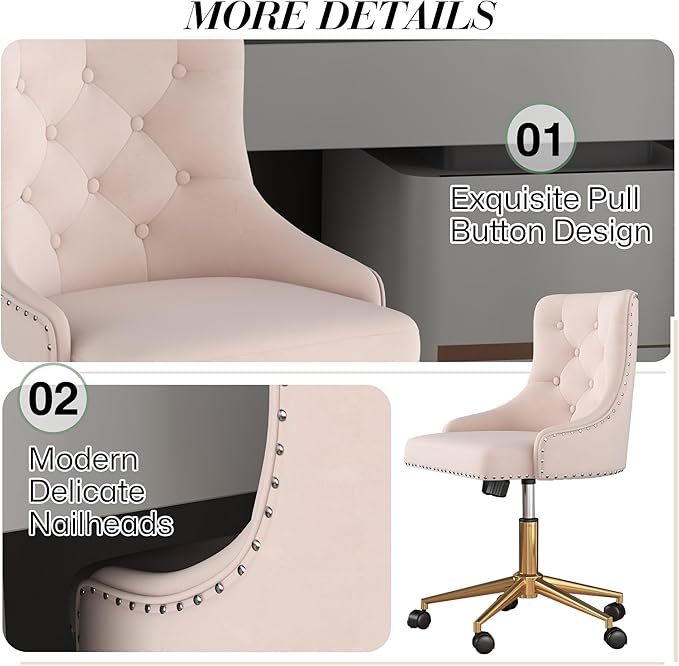 Velvet Armless Home Office Desk Chair, Swivel Height-Adjustable Small Cute Vanity Chair for Women/Girls, Comfy Makeup Chair with Rivet and Gold Base for Living Room, Bedroom(Light Pink)
