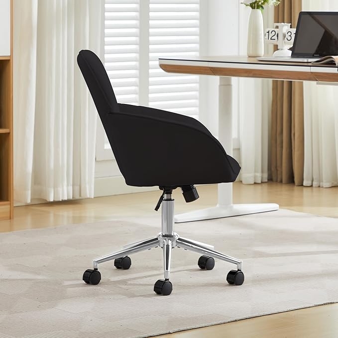 YITAI Velvet Office Desk Chair with Wheels and Silver Base,Modern Height Adjustable 360 Degree Swivel Upholstered Vanity Chairs with Arms for Living Room Bedroom, Study,Black