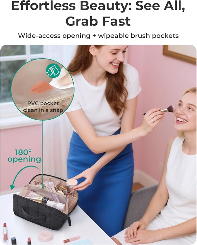 BAGSMART Travel Makeup Bag for Women, Portable Water-resistant Cosmetic Case, Puffy Padded Make Up Organizer Pouch, Open Flat Toiletry Bag for Toiletries, Brushes, Blue Ditsy Floral
