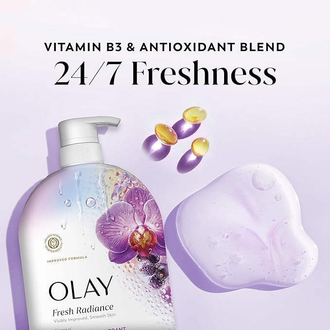 Olay Body Wash for Women, Fresh Radiance, 24/7 Skin-Loving Freshness, Visibly Radiant, Plant Based Cleansers, Vitamin B3 & Antioxidant Blend, For All Skin Types, Orchid & Black Currant Scent, 35 fl oz