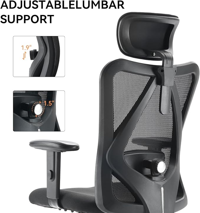 Ergonomic Office Chair, Mesh Computer Desk Chair with Adjustable Sponge Lumbar Support, Thick Cushion, PU Armrest and Headrest, High Back Swivel Home Office Task Chair for Work (Black)…