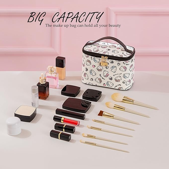 AmBealla Cosmetic Bag Large Makeup Bag Makeup Travel Case with Brush Holder,Canvas Organizer for Women,Toiletry Bag for Skincare&Beauty Tools Sweet Cute for Girls