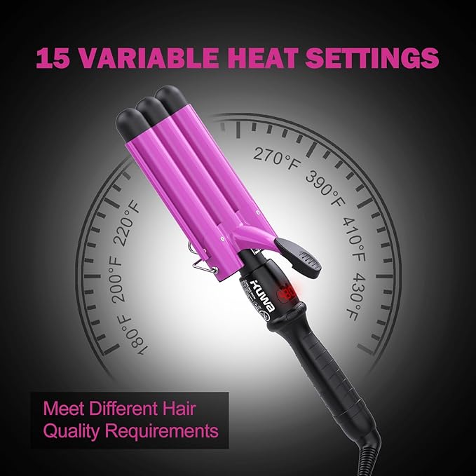 kuwa Crimper Hair Tool,15 Variable Temperature Waver Curling Iron,Three Barrel Curling Iron,Waver Hair Tool,Haircrimper for Women,HairWaver with LCD Temperature Display