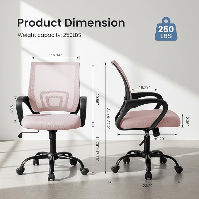 DUMOS Home Office Chair - Ergonomic Mid Back Mesh Desk Chair with Lumbar Support & Rocking Mode, Height Adjustable with Fixed Armrest, for Computer, Gaming, Meeting, Pink, 2 Pack