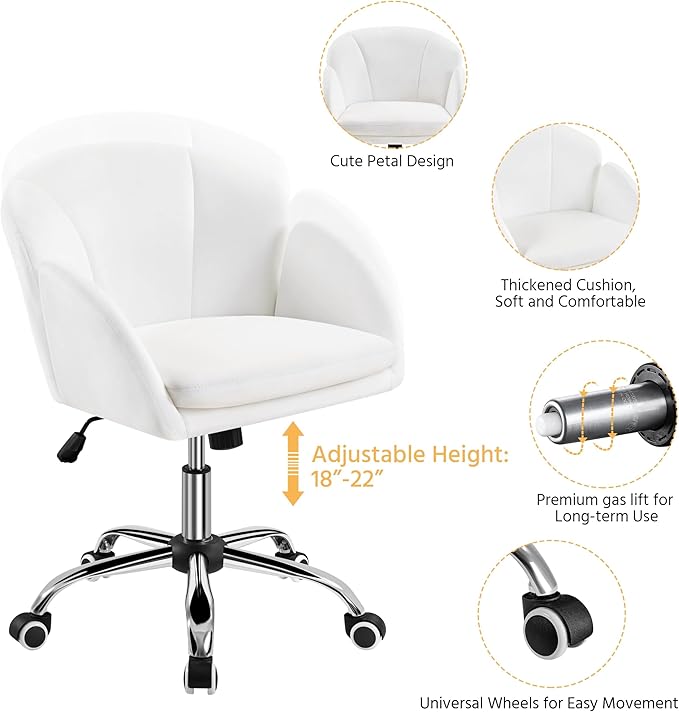 Yaheetech Cute Desk Chair for Home Office, Adjustable Vanity Chair Modern Upholstered Chair Swivel Rolling Task Chair with Armrests for Work, Study, Living Room, Bedroom, Snowy