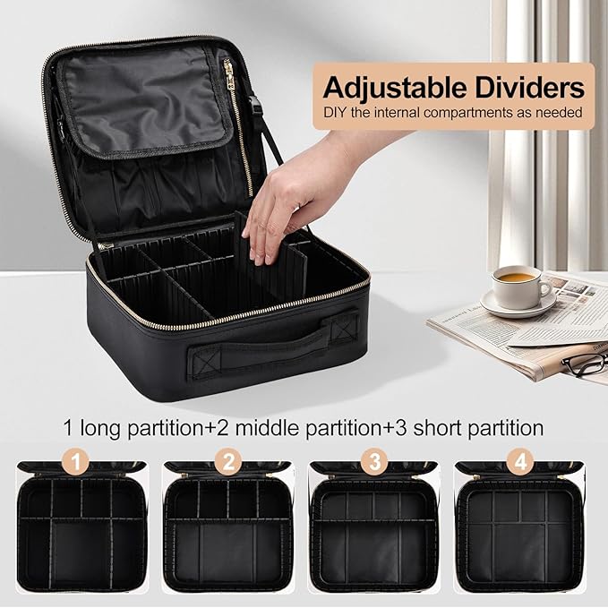 Travel Makeup Bag with Brush Holder, Professional Cosmetic Train Case Organizer for Women, Portable Travel Makeup Brush Carry Case Cosmetic Artist Storage Box with Adjustable Dividers, Leather Black