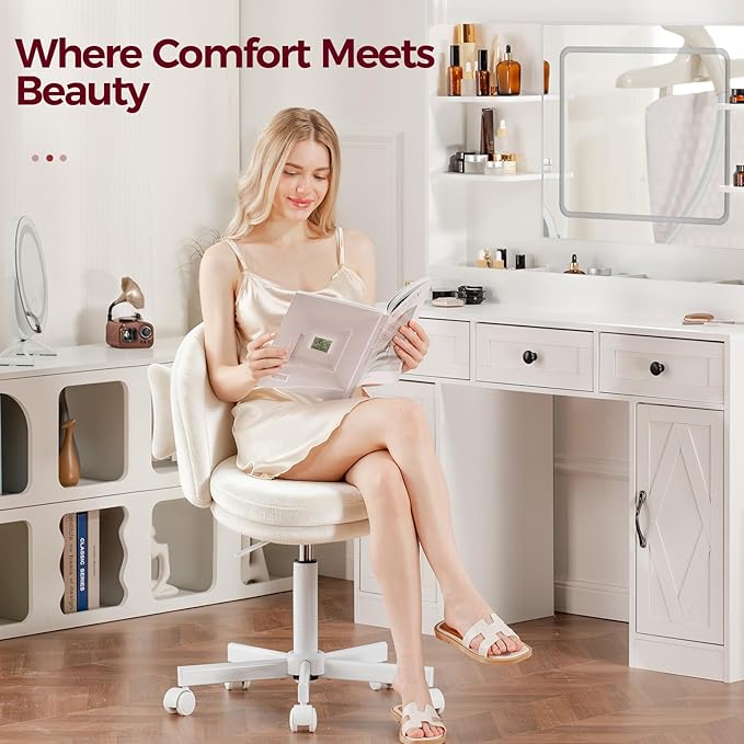 GTPLAYER Velvet Tall Office Chair with Wheels Vanity Chairs with Back, Versatile Height Use: Office to Bar Stools Small Ergonomic Comfy Armlees Computer Desk Chair with Bow Lumbar Pillow for Gift