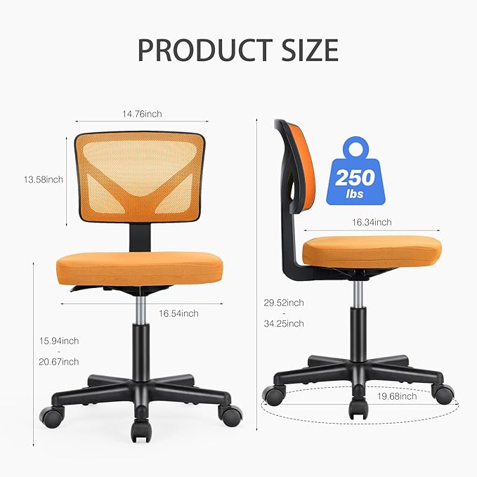 NEWBULIG Home Office Desk Chair, Armless Ergonomic Swivel Computer Chair with Wheels, Adjustable Height and Low-Back Mesh Design, Rolling Chair with Lumbar Support and Comfortable Seat, Orange