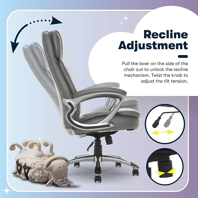 Serta Fairbanks Big and Tall Executive Office Chair - Ergonomic High Back Computer Desk Chair with Lumbar Support, Memory Foam Seat Cushion, Padded Armrests, Bonded Leather, 350 lb Capacity - Gray