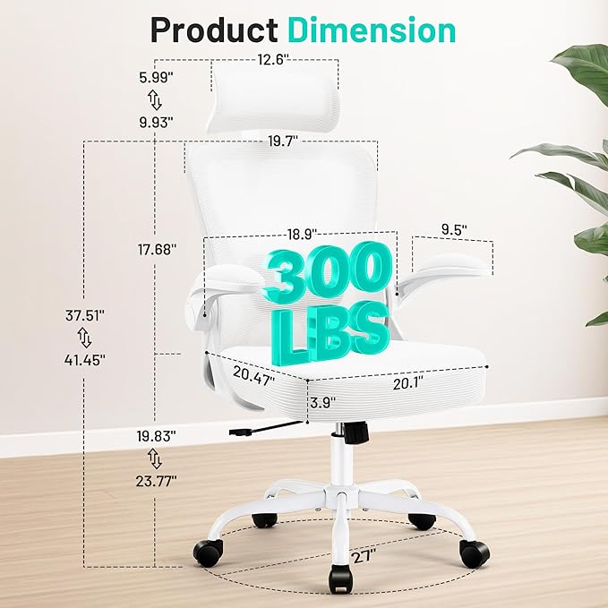 AreShark Office Chair - Ergonomic Desk Chair Breathable Mesh Chair with 2D Headrest & Adjustable Lumbar Support - Executive High Back Rolling Swivel Computer Gaming Chair with Wheels Flip-up Armrests