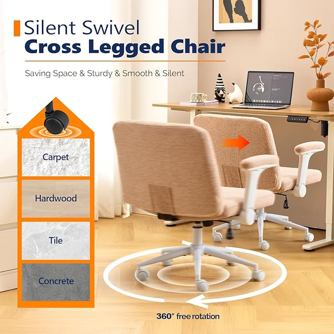 VINGLI Criss Cross Chair with Adjustable Flip-Up Arms,Cross Legged Chair with Wheels, Extra Wide Office Chair,Cozy Desk Chair for Home Office, Vanity, Apartment,Chenille Velvet,Orange