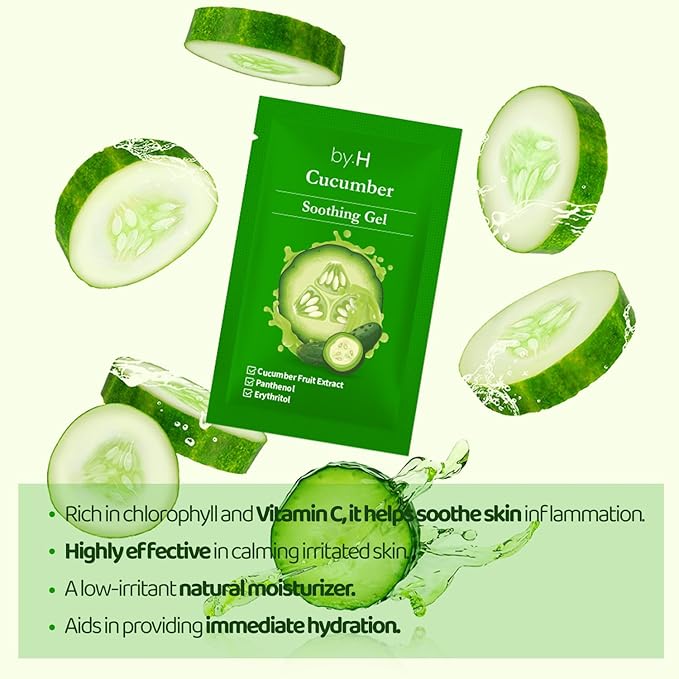 by.H Pure Cucumber Gel Organic Pouch (30 PC) - Skin Care Cucumber Cooling Gel with Extracts for Sunburn and Soothing Relief | Food Grade Non-Sticky Formula for Sensitive Skin