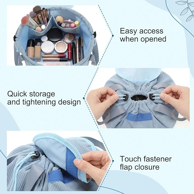 makeup bag lay flat Lay Flat Barrel Drawstring Corduroy Makeup Bag for Women Portable Open-flat Large Capacity Travel Cosmetic Organizer, Skincare & Brush Storage(Blue)