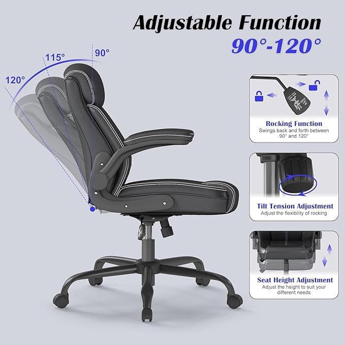 AnyGod 1Pcs Office Chair for Men Women Home Office Pu Leather High Back 360 Swivel Rocking Function Ergonomic Chair with Flip-Up Arms Lumbar Support Rolling Wheels Adjustable Height -Black Size