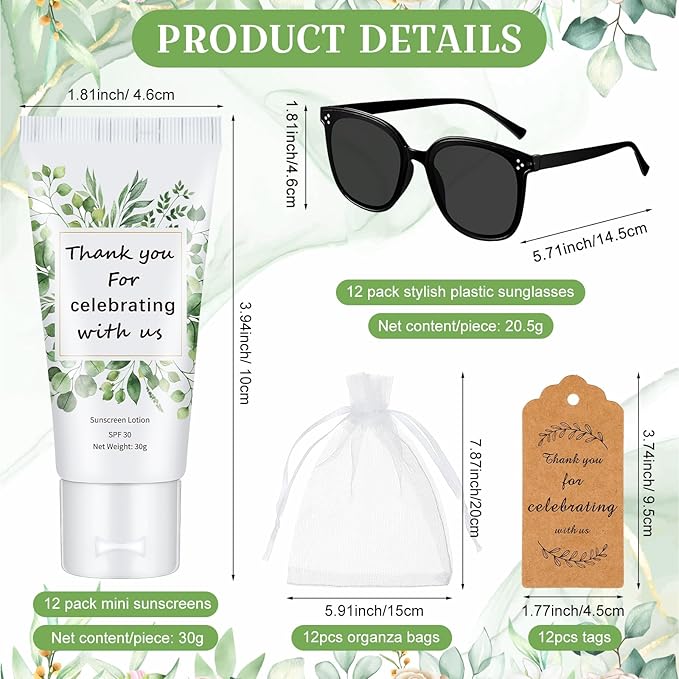 12 Sets Mini Sunscreen and Sunglasses Bulk for Wedding Party Spf30 Water Resistant Sunscreen Lotion Bulk 1oz Travel Size for Thank You Gifts Wedding Party Supplies (Eucalyptus)