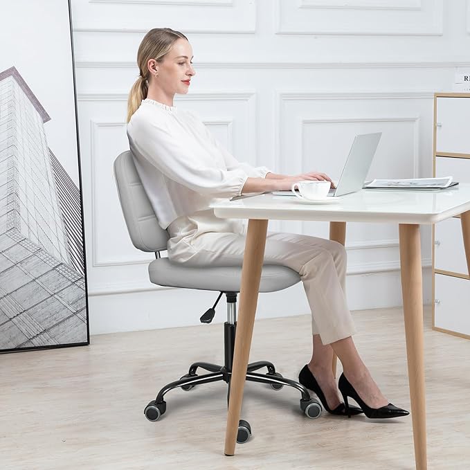 Armless Home Office Desk Chair with Wheels, Modern Ergonomic Drafting Rolling Chair with 360° Swivel Wheels,Height Adjustable Computer Task Chairs for Small Space, Light Grey