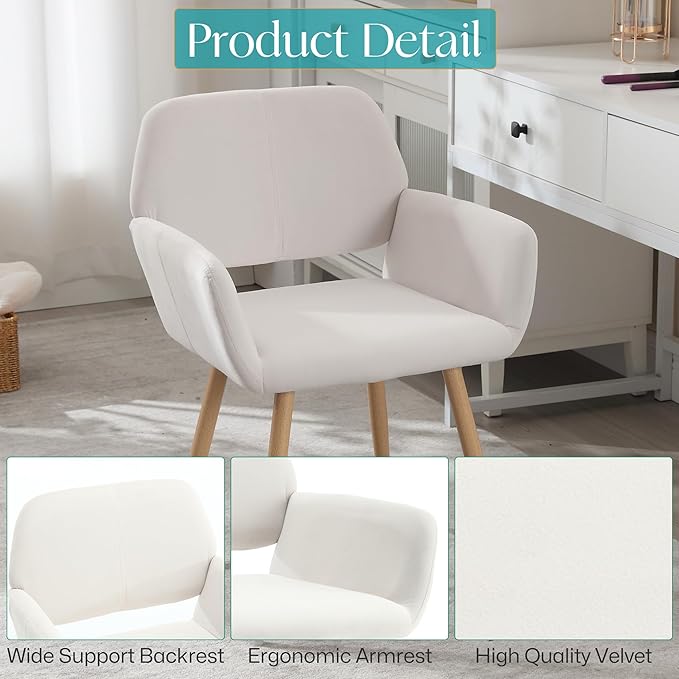 Home Office Velvet Desk Chair, Makeup Vanity Chair, Comfy Accent Armchair with Wood Grain Metal Legs, Cute Dining Chair with Hollowed Back, Beige