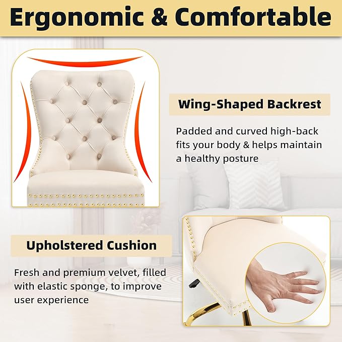 ABET Desk Chair with Wheels, Velvet Gold Office Chair Armless Swivel Chair with Tufted High Back Rivet Trim, Comfy Upholstered Ergonomic Computer Chair for Bedroom, Beige