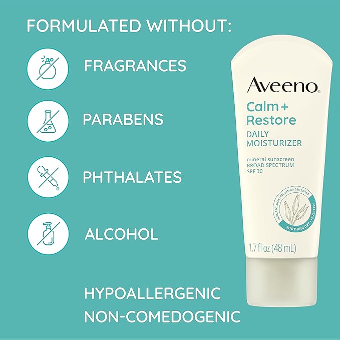 Aveeno Calm + Restore Daily Moisturizer Mineral Sunscreen with Broad Spectrum SPF 30, Lightweight All Day Moisture + UVA/UVB Sun Protection for Sensitive Skin, Fragrance Free, 1.7 fl. Oz | Mineral Sunscreen, Lightweight, All Day Moisture, Sensitive Skin