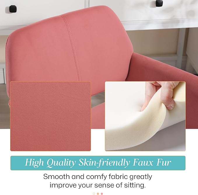Home Office Velvet Desk Chair, Makeup Vanity Chair, Comfy Accent Armchair with Wood Grain Metal Legs, Cute Dining with Hollowed Back, Rose