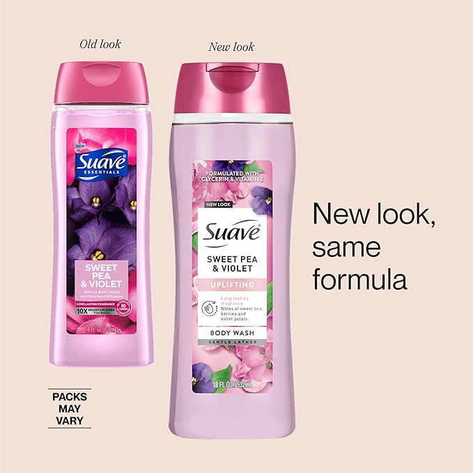 Suave Moisturizing Body Wash, with Sweet Pea Violet and Vitamin E Extract, No Parabens, No Phtahaltes, 18 Oz Pack of 6