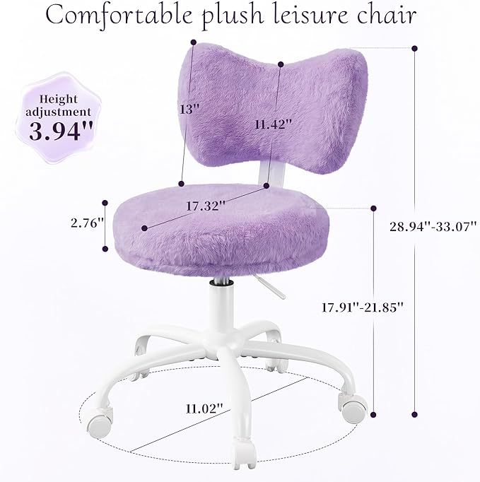 Vanity Chair with Wheels, Cute Desk Chair with Bow Backrest, Fluffy Faux Rabbit Fur Small Office Chair for Vanity, Make-up Room, Bedroom, Dorm, Height Adjustable, Purple