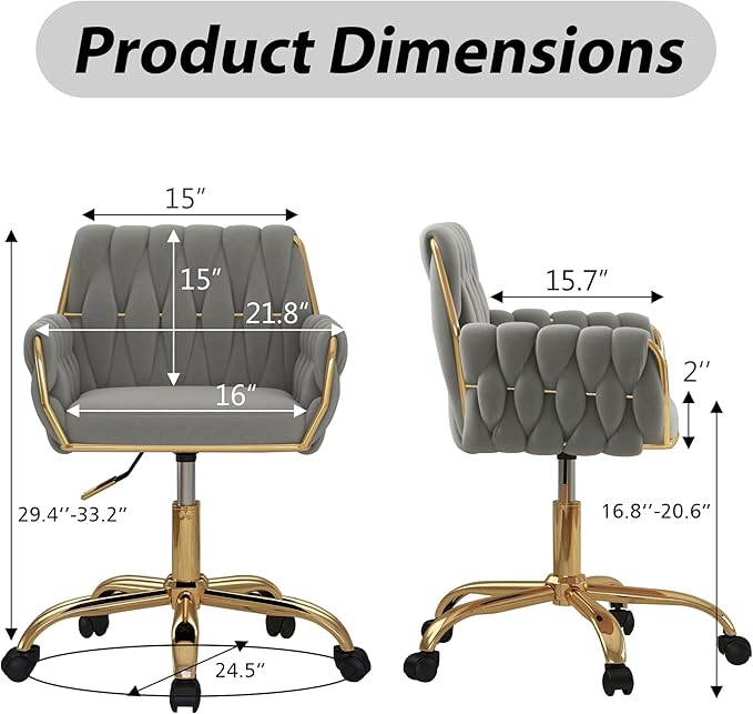 Woven 360°Swivel Desk Chair, Velvet Height Adjustable Home Office Armchair with Golden Base for Teens Women Girls, Upholstery Computer Chair for Home Studios and Office, Woven & Light Gray