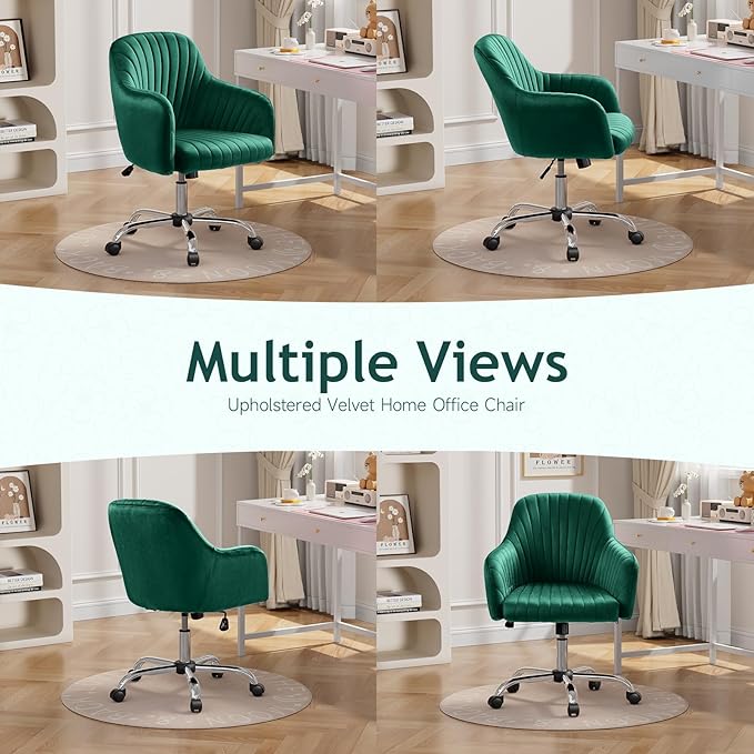 Warmiehomy Desk Chair, Velvet Office Chair for Home Office, Comfy Vanity Chair, Girl Cute Makeup Chair with Arm Rest for Bedroom Dressing Room, Green