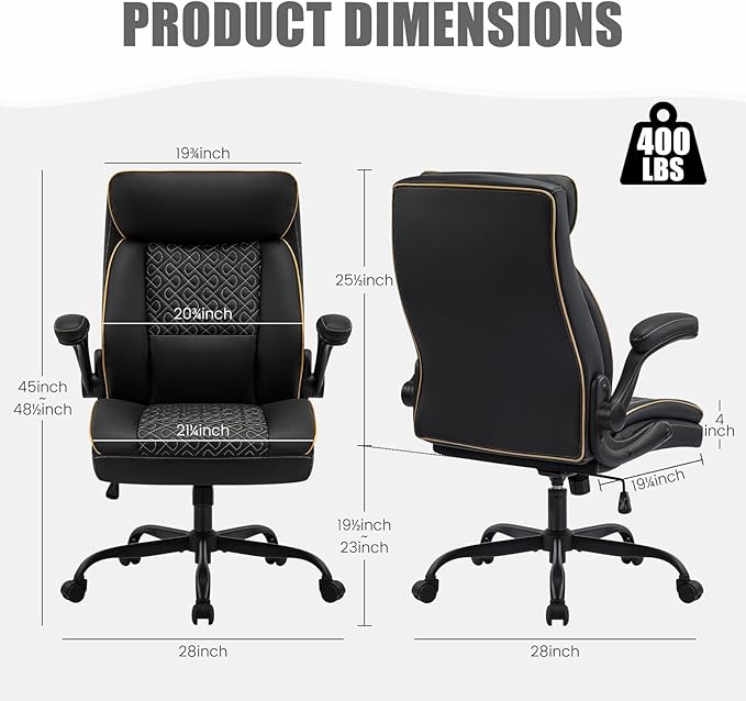 Leather Executive Office Chair, Computer Desk Chair with Lumbar Support, Comfortable Home Office Chairs 400lbs with Padded Flip-up Armrests, Height Adjustable, Tilting Function, Black
