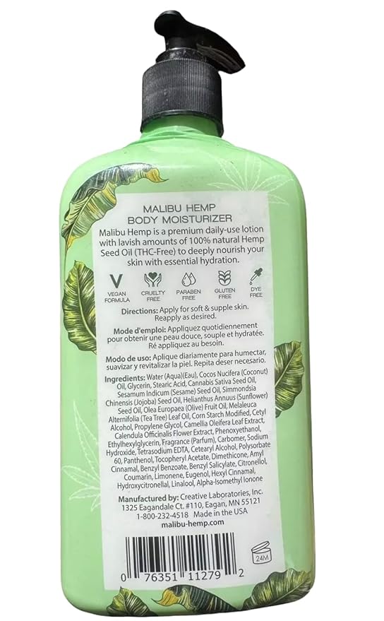 Malibu Hemp Classic Body Moisturizer, Natural Hemp Seed Oil Lotion, Vegan Formula, 18 fl oz