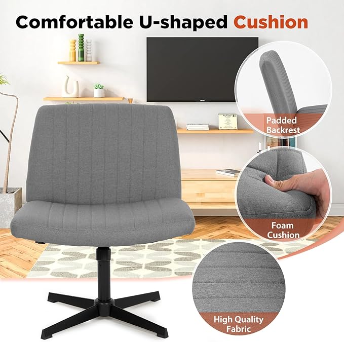 PayLessHere | Criss Cross Chair | Grey | Wide, Armless Desk Chair Without Wheels | 360 Swivel, Height Adjustable & Stable Metal Base | for Office, Home Office, Vanity Seating