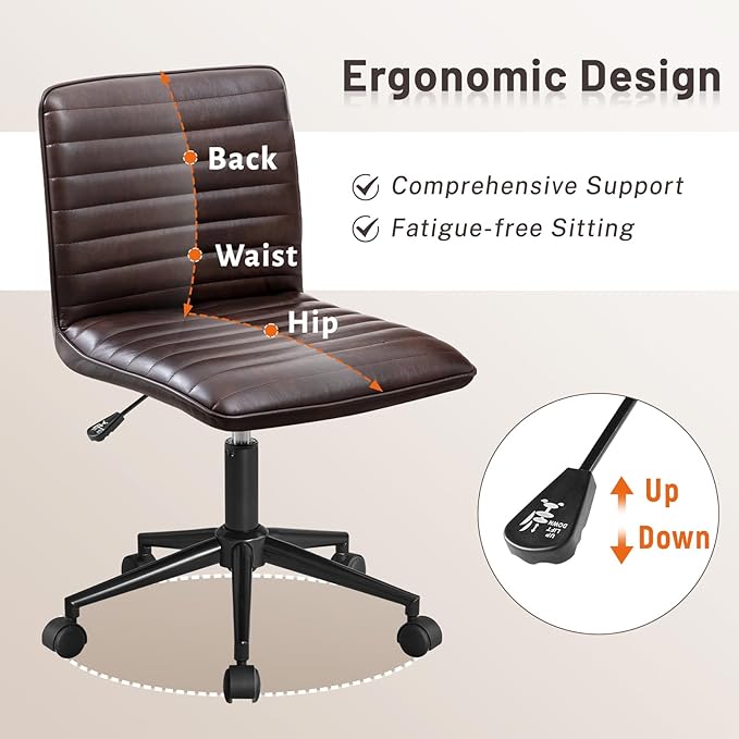 Furniliving PU Leather Office Desk Chair, Armless Vanity Chair with Wheels 360° Swivel Mid Back Height Adjustable, Computer Rolling Chairs with Gold Metal Base Stool, Black Brown