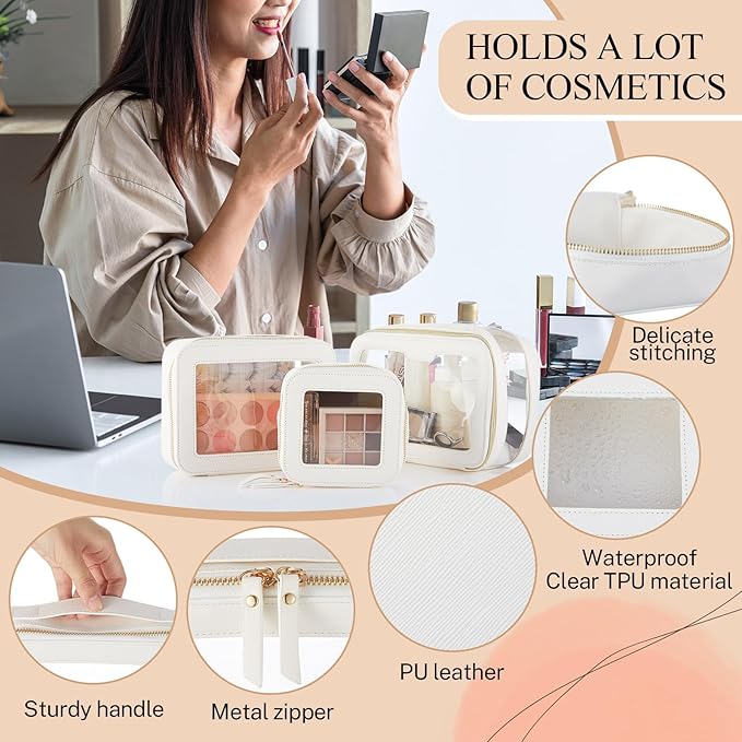 4 Pcs Leather Clear Makeup Bags Set for Women Travel Clear Cosmetic Case Toiletry Bags with Zipper Makeup Brush Case Waterproof Organizer Storage for Women Men Travel Accessories, 4 Sizes(White)
