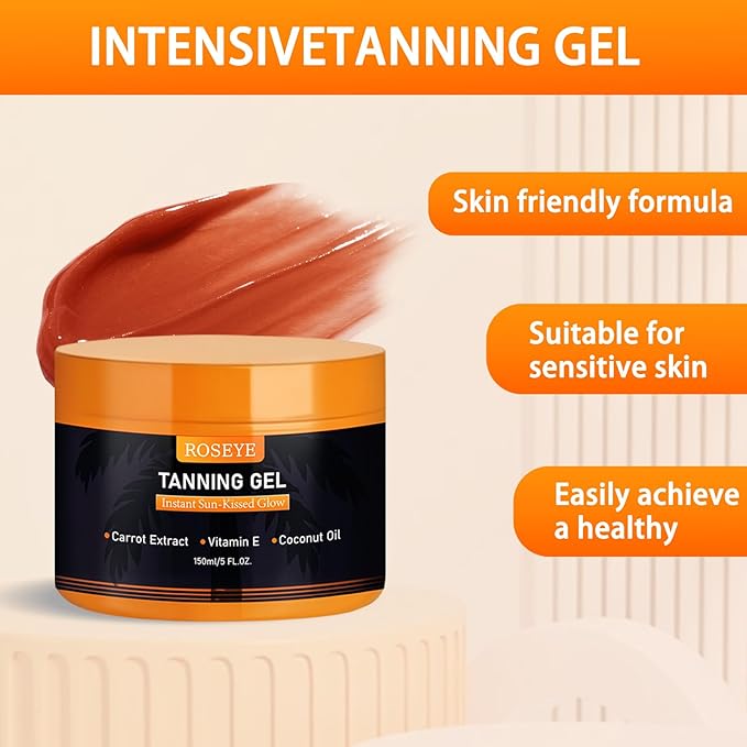 Roseye Intensive Tanning Gel Buildable Natural Glow with Carrot Extract, Coconut Oil Vitamin E Non-Greasy Fast-Absorbing Formula for All Skin Types - 5.8 FL OZ